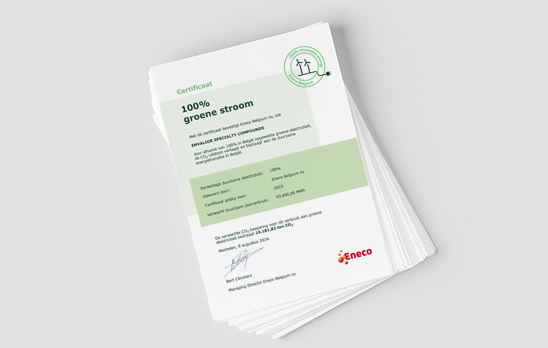 A stack of certifications related to sustainability and teknor apex