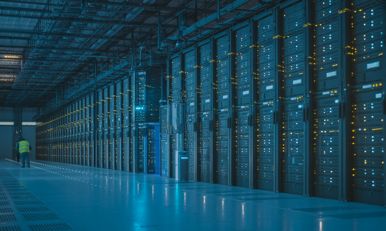 a massice data center faicility storage room with a worker walking through 