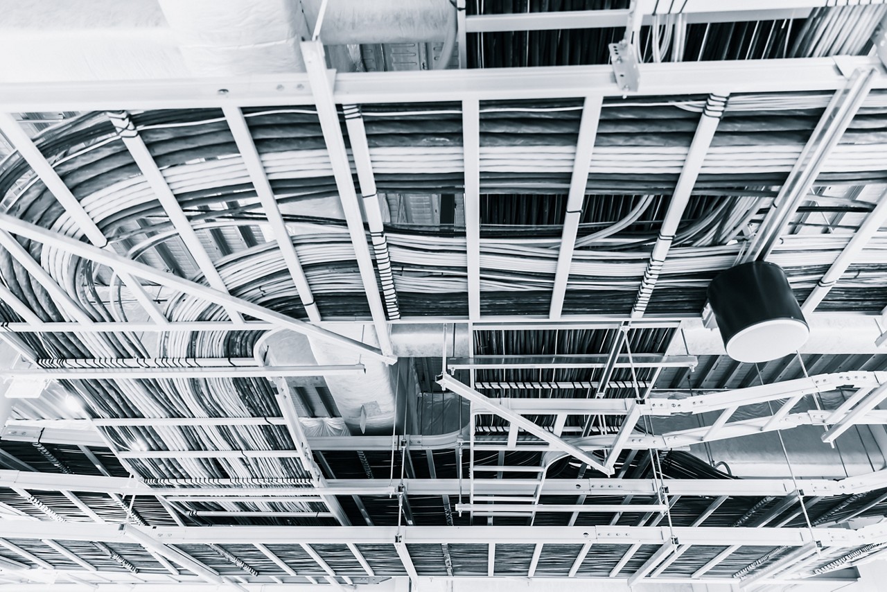 data and electrical communication cables in a cableway on the roof